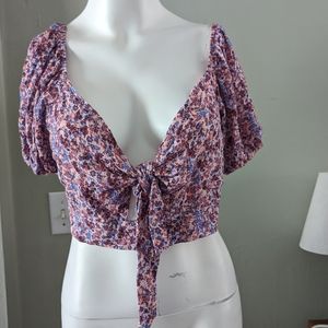 Wild Fable Pink Floral Puff Sleeve Crop Top Tied Front Size Medium